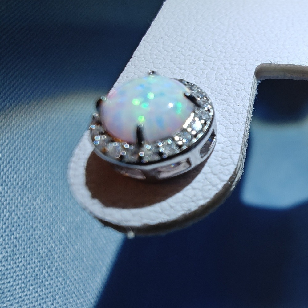 Stud Earrings White Opal Sterling Silver 1.76 CTTW 6mm Halo Round CZ Accents